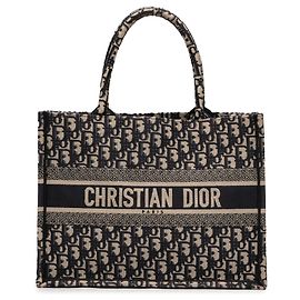 Book Tote en toile brodée Dior Oblique bleu, taille Medium Bleu