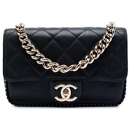 Borsa Chanel Small CC Trapuntata Caviar con Borchie Single Flap Nera Nero
