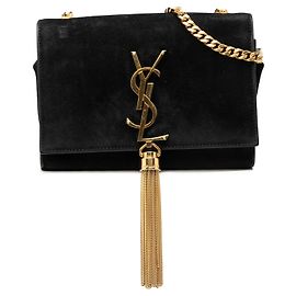 Piccola borsa a tracolla Kate in scamosciato nero con monogramma Saint Laurent e nappa Nero