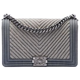 Bolsa Transversal Chanel Old Medium Chevron Denim Boy Flap Azul Azul