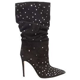 Black Paris Texas Suede & Rhinestone Pointed-Toe Slouch Boots Size 41 Black
