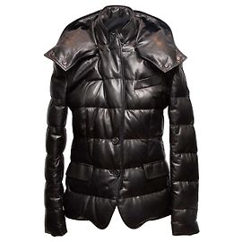 Black Tom Ford Leather Hooded Down Puffer Jacket Size IT 40 Black