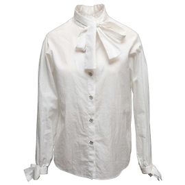 White Chanel Long Sleeve Neck Tie Button-Up Top Size FR 36 White