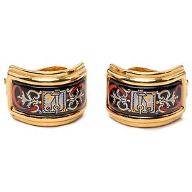 Black Hermès Gold Plated Enamel Cloisonne Clip On Earrings Black
