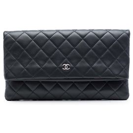 Black Chanel Quilted Lambskin CC Beauty Foldover Clutch Black