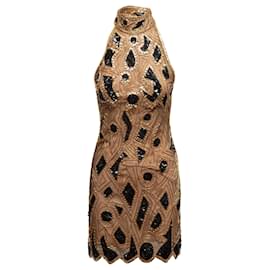 Robe mini licou en soie perlée vintage Tan & Multicolor Bob Mackie Taille US 8 Camel