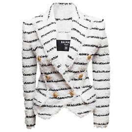 White & Black Balmain Striped Textured Double-Breasted Blazer Size FR 34 White