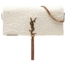 Sac Kate 99 en tweed monogrammé Saint Laurent blanc avec pompon Blanc