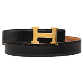 Black Hermès Box Calf Constance H Reversible Belt Black