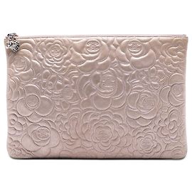 Pink Chanel Large CC Embossed Metallic Lambskin Camellia O Case Clutch Pink
