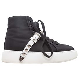 Black & White Prada Nylon High-Top Studded Strap Sneakers Size 36.5 Black