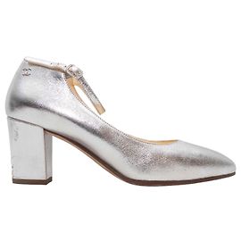 Silver Chanel Pointed-Toe Ankle Strap Pumps Size 38 Silvery