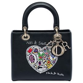 Bolsa Lady Dior Medium em couro de bezerro preto com estampa de coração Niki De Saint Phalle Preto