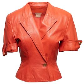 Orangefarbenes Loewe Leder-Set mit Kurzarmblazer und Rock Größe EU 42 Orange