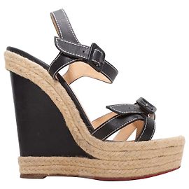 Espadrilles à talons compensés en cuir Christian Louboutin noir et tan Taille 39 Noir