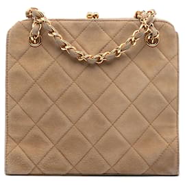 Tan Chanel CC Quilted Suede Kiss Lock Handbag Camel