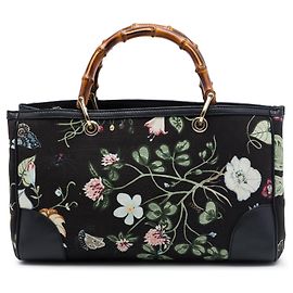 Bolsa Gucci Medium Canvas Flora Knight Bamboo Shopper preta Preto