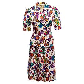 Hermès Tailleur jupe vintage en soie blanc et multicolore Hermes 1993 imprimé ruban de prix Taille FR 38 Multicolore