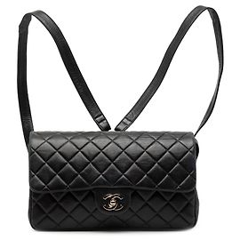 Black Chanel Medium Quilted Lambskin Flap Backpack Black