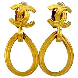 Gold Chanel CC Gold Plated Loop Drop Clip On Earrings Golden