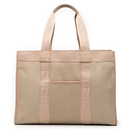 Tote in tela con bordatura Zucca di Fendi color Tan Cammello