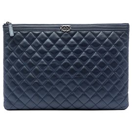 Blue Chanel Large Quilted Caviar Boy O Case Clutch Blue