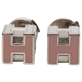 Brincos D H Push Back em esmalte e paládio rosa da Hermès Rosa