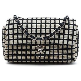 Borsa a tracolla Chanel Mini Rectangular Tweed e Ribbon Logo Single Flap nera Nero