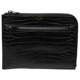 Black Saint Laurent Croc Embossed Leather Clutch Black