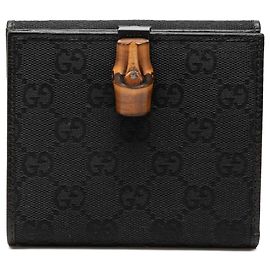 Black Gucci GG Canvas and Leather Bamboo Compact Wallet Black