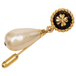 Spilla a Goccia con Falsa Perla e Trifoglio Placcato Oro Chanel Nero Nero