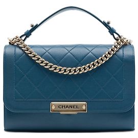 Blue Chanel Medium Quilted Grained Calfskin Label Click Top Handle Flap Satchel Blue