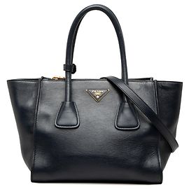 Bolsa satchel azul em couro de vitelo glacê com dois bolsos e alça dupla Prada Azul