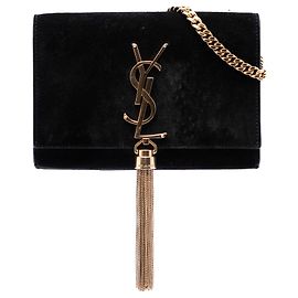 Borsa a tracolla piccola Saint Laurent Kate in scamosciato nero con monogramma e nappa Nero