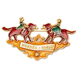 Gold Hermès Gold Plated Enamel Children And Dogs Brooch Golden