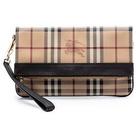 Beige Burberry Haymarket Check Coated Canvas Adeline Fold over Clutch Beige