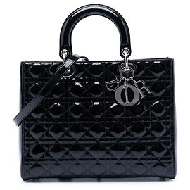 Sac à main Dior Large Cannage Lady Dior en cuir verni noir Noir