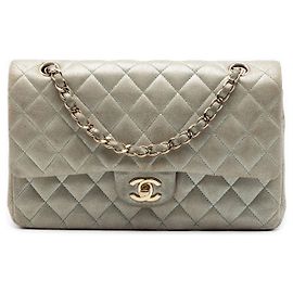 Silver Chanel Medium Classic Iridescent Lambskin Double Flap Shoulder Bag Silvery