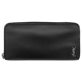 Black Saint Laurent Leather Tiny Cassandre Zip Around Long Wallet Black