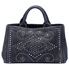 Bolsa Prada Studded Denim Canapa Logo Cinza Cinza
