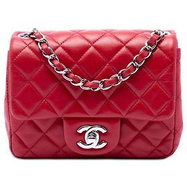 Borsa a tracolla Chanel Mini Square Classic in agnello rosso con patta singola Rosso