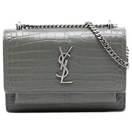 Bolsa transversal e carteira com corrente Sunset em couro com relevo mini croc cinza Saint Laurent Cinza