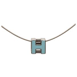 Pendentif Collier Cage D en laque avec placage Palladium bleu Hermès Bleu