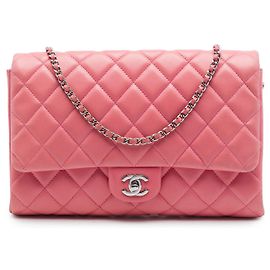Clutch Chanel CC de piel de cordero acolchada rosa con cadena, bolso de hombro Rosa