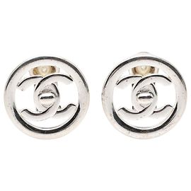 Silver Chanel CC Brass Turnlock Round Clip On Earrings Silvery