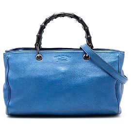 Borsa a tracolla Gucci Medium Metallic Calfskin Bamboo Shopper blu Blu