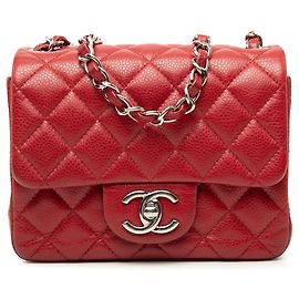 Borsa a tracolla Chanel Mini Square Classic Caviar con patta singola rossa Rosso