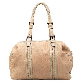 Bolsa de mão em pele de cordeiro granulada com acabamento Intrecciato Bottega Veneta bege Bege