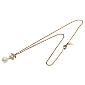 Collier pendentif goutte Strass CC et fausses perles plaqué or Chanel Gold Doré