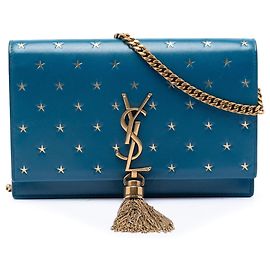 Bolsa transversal Kate Tassel Wallet on Chain em couro de bezerro com estampa de estrela e monograma clássico azul Saint Laurent Azul
